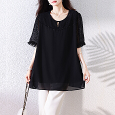 批发实拍 <b class='q'>时尚</b>钉珠镂空黑色拼接短袖雪纺衫女夏季新款<b class='q'>大码</b>中长款上衣