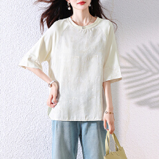 批发实拍 <b class='q'>时尚</b>提花杏色短袖棉质T恤女夏季新款宽松上衣欧货<b class='q'>大码</b>女装