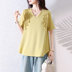 批发实拍 百搭V领短袖T恤夏季新款<b class='q'>时尚</b>减龄宽松遮肉显瘦木耳边上衣女
