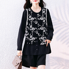 批发气质绣花蕾丝拼接假两件衬衫女<b class='q'>春</b>秋季衬衣时尚宽松长袖上衣