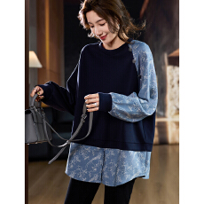 批发洋气提花牛仔拼接<b class='q'>卫衣</b>女春季新款圆领时尚百搭宽松大码上衣