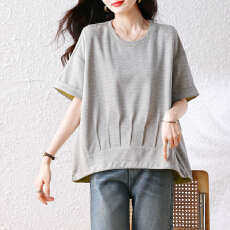 批发灰色休闲圆领短袖棉T恤 夏季新款宽松上衣显瘦设计感大码百搭<b class='q'>女装</b>