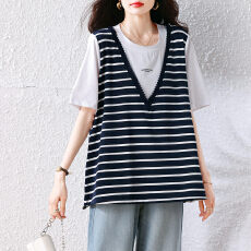 批发夏季条纹假两件大码棉T<b class='q'>女装</b>胖m遮肉显瘦藏青通勤短袖休闲百搭上衣