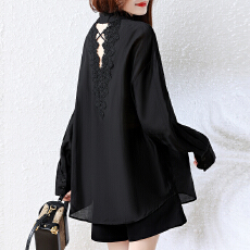 批发慵懒风黑色衬衫秋季大码宽松中长薄款防晒遮肉显瘦休闲百搭上衣
