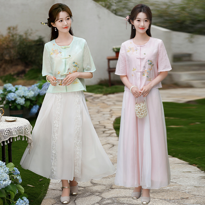 RY8020#新中式刺绣中国风年轻款改良汉服女上衣禅意茶艺半身裙套装