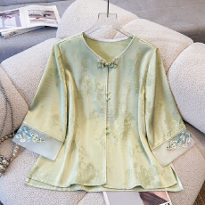 批发实拍重工刺绣缎面提花外套女圆领新中式国风气质百搭上衣