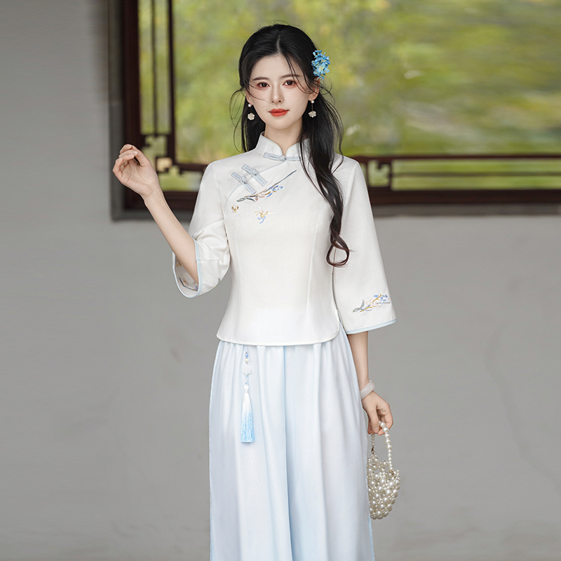 RY8017# 实拍新中式刺绣年轻款改良汉服套装禅意茶艺服装上衣夏