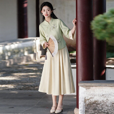 批发新中式国风套装日常汉元素刺绣复古改良汉服上衣半身裙两件套女装
