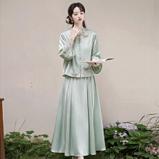 批发实拍秋冬汉服新中式刺绣茶服唐装上衣茶楼养生馆茶艺两件套裙