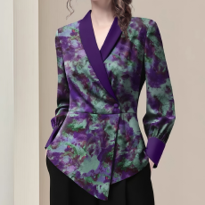 批发可<b class='q'>定制</b>轻奢缎面衬衫2026早秋新款法式扎染印花<b class='q'>西装</b>领气质收腰上衣