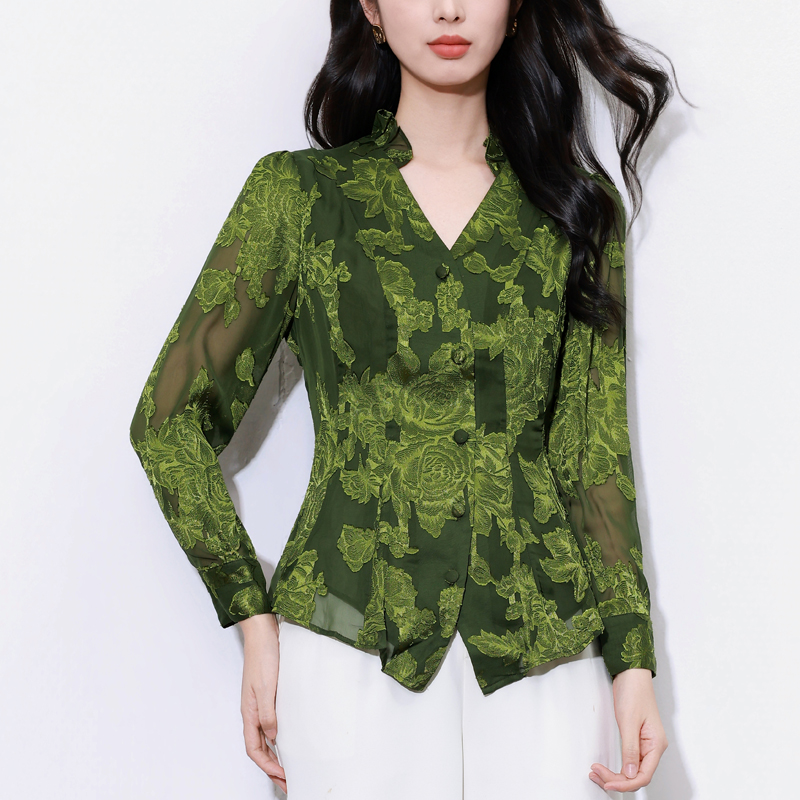 MY17757# 女长袖上衣气质v领显瘦衬衫设计感剪花修身衬衣气质女裝貨源服裝批發