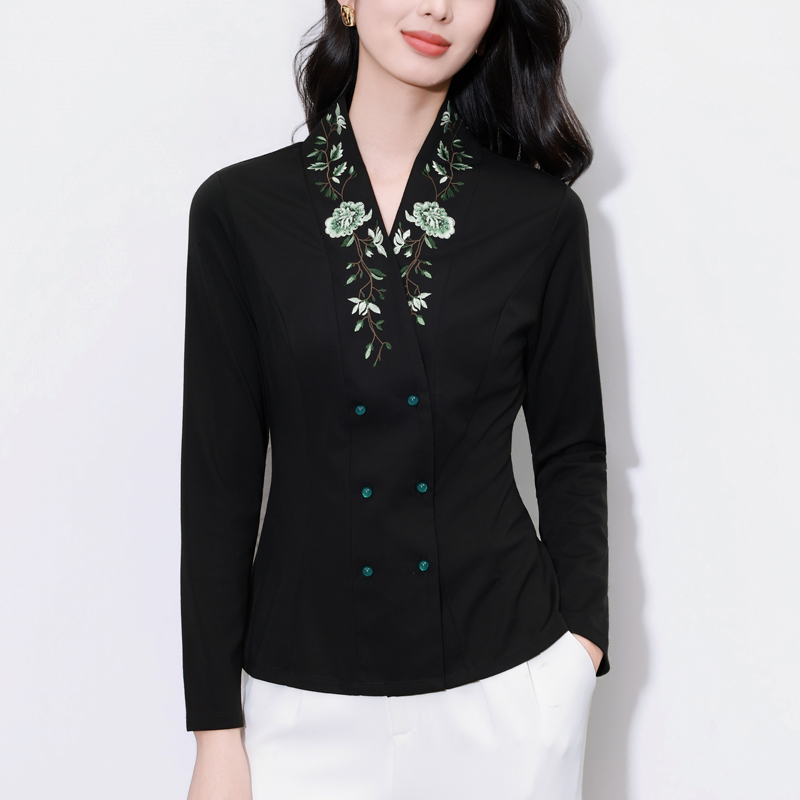 MY17756# 刺绣西装衬衫女弹力显瘦上衣新款气质通勤衬衣百搭女裝貨源服裝批發