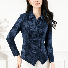 批发实拍法式弹力针织提花<b class='q'>长袖</b>衬衫女秋季新款翻领气质收腰打底上衣