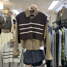 批发2026春季新款简约时尚翻领长袖<b class='q'>衬衫</b>+条纹针织马甲背心两件套装女