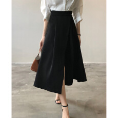 批发优雅气质高腰半身裙女秋季黑色通勤开衩a字中长款裙子女