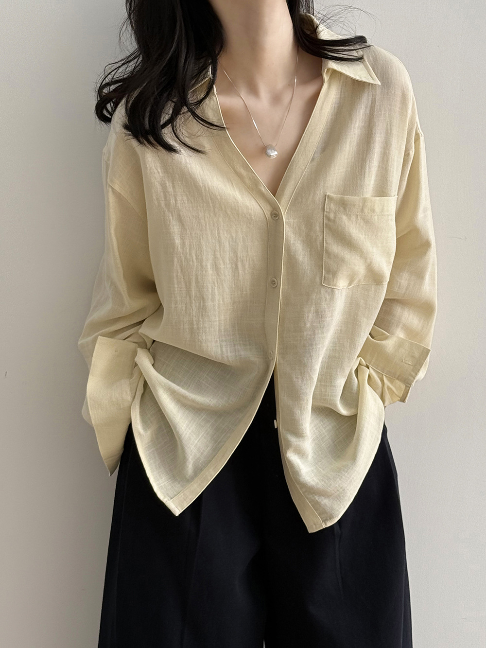 天丝亚麻长袖纯色衬衫女 秋季新款百搭防晒开衫上衣