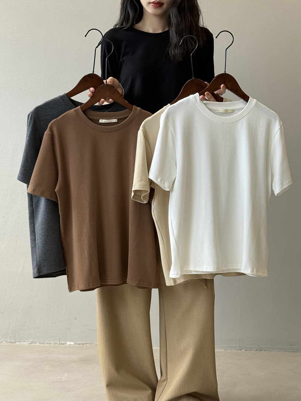 实拍~纯色加厚磨毛圆领T恤女 秋冬宽松舒适百搭短袖打底上衣