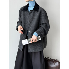 批发秋季新款韩系翻领复古夹克羊毛外套气质撞色新款