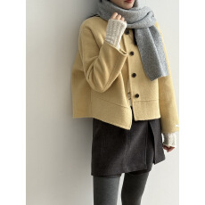 批发气质简约绵羊毛呢外套女<b class='q'>短</b>款 冬季宽松圆领上衣外套