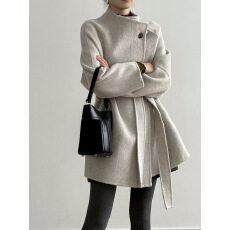 批发立领羊毛呢大衣外套女冬季韩系高级感系带收腰显瘦上衣