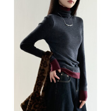 批发撞色高领套头针织打底衫女 冬季休闲修身长袖内搭上衣