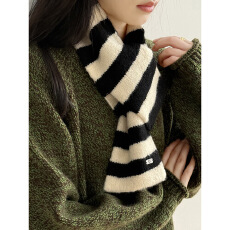 韩系显白撞色条纹围巾女 冬季时尚带金属标百搭交叉围脖