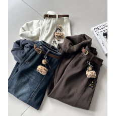 批发冬季加绒加厚新款设计感美式休闲微弯刀牛仔<b class='q'>裤</b>宽松<b class='q'>裤</b>子