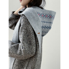 批发复古慵懒风费尔岛提花一体连帽围巾女 冬季保暖针织帽子