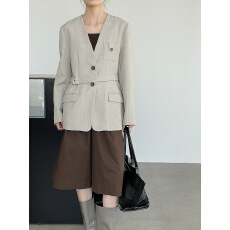 批发2026春装新款小众款！韩系V领设计感西装女无领正肩外套