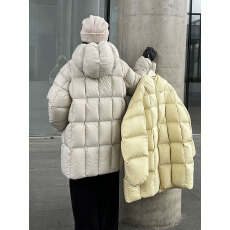 批发韩系中长款泡芙方格连帽羽绒服女冬季保暖90白鸭绒外套