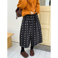 批发2025冬<b class='q'>韩版</b>时尚复古简约显瘦花朵裤松紧腰阔腿八分裤女