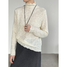 批发木耳边蕾丝内搭上衣女25冬显瘦百搭气质中领长袖T恤