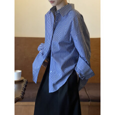 批发2026年春装法式复古条纹衬衫女 新款宽松<b class='q'>长袖</b>设计感小众衬衣