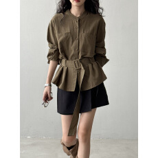 批发2026春装法式气质收腰衬衫女 春季新款圆领腰带设计感长袖上衣