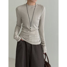 批发2026春装别致修身显瘦纯色圆领打底衫女新款内搭正肩长袖上衣