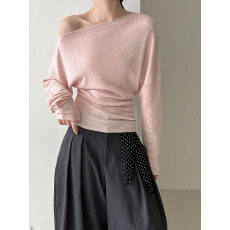 批发2026春装设计感收腰修身斜肩针织衫女新款<b class='q'>长袖</b>露肩上衣打底衫