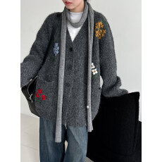 批发韩系慵懒感针织开衫复古软糯花卉刺绣秋冬新款宽松外套