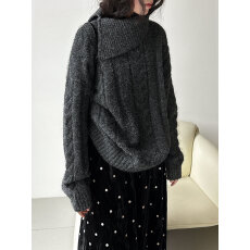 批发羊毛不规则领口针织衫女秋冬新款翻领宽松毛衣高领上衣