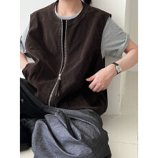 批发韩系复古麂皮绒圆领无袖拉链马甲女<b class='q'>秋</b>春季宽松叠穿休闲背心