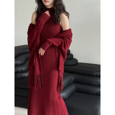 批发2026<b class='q'>春</b>装针织衫套装背心连衣裙+流苏披肩外套女毛衣两件套