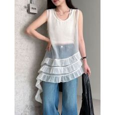 批发法式温柔风不规则荷叶边无袖上衣女26早春叠穿背心裙