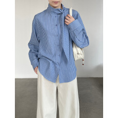 批发韩系时尚立领飘带衬衫女26春显瘦百搭100棉宽松上衣