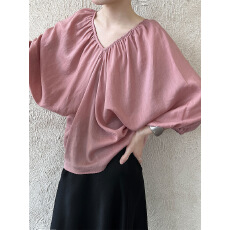 批发法式复古蝙蝠袖V领小衫女夏季新款小众设计感<b class='q'>宽松</b>衬衫