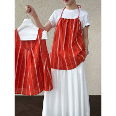 批发敲显白橘红条纹U领背心女夏季新款撞色挂脖小众无袖上衣