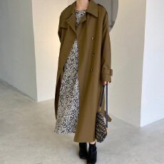 批发<b class='q'>韩版</b>长款系带风衣女春装新款休闲经典双排扣大衣外套