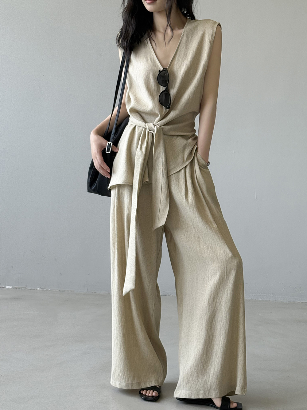 오래된 돈 바람 V넥 아마 스트랩 허리 수축 민소매 맨위 캐주얼 바지 여름 새로운 투피스 세트