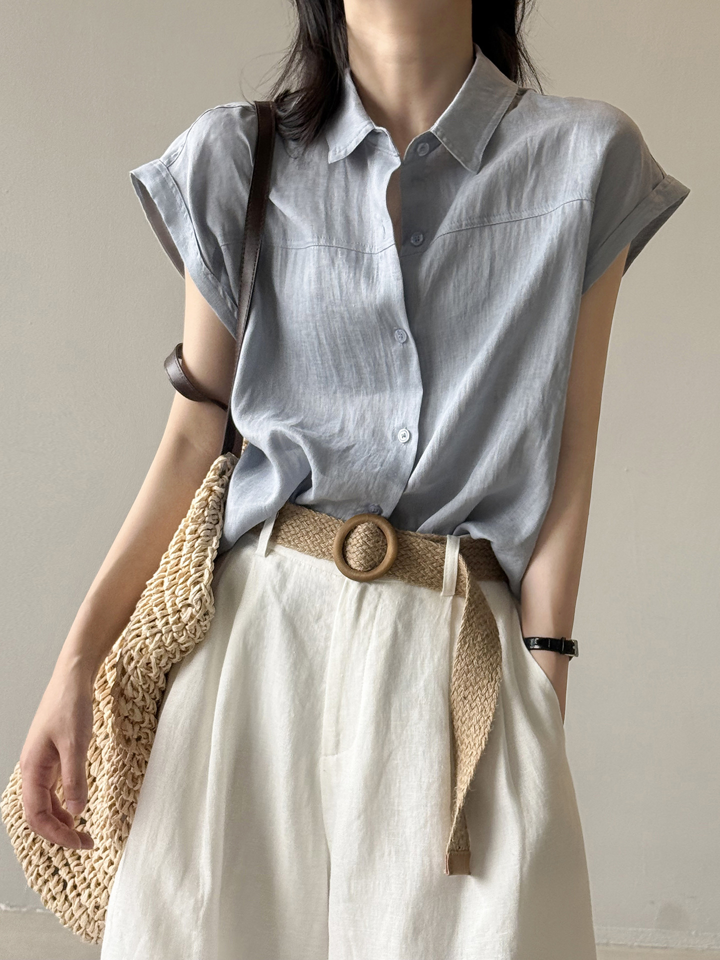 한 부서 순수 린넨 Feifei 소매 여성 셔츠 여름 단색 루즈핏 슬림해 보이는 Chic 작은 셔츠 맨위