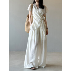 批发高级感天丝V领衬衫+宽松阔腿<b class='q'>裤</b><b class='q'>两件套</b>夏季韩系气质套装