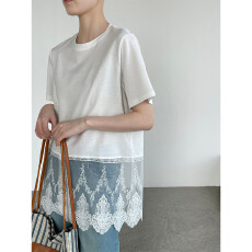 批发设计感<b class='q'>蕾丝</b>拼接开衩短袖上衣女2026夏季新款百搭<b class='q'>T</b><b class='q'>恤</b>