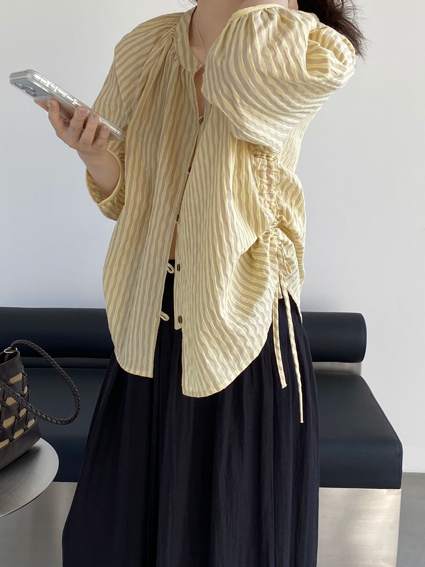 일본식 스트라이프 펌프 Pleat 레이스업 여성 셔츠 여름 연령 감소 루즈핏 레트로 맨위
